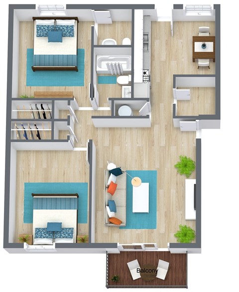 Brookside's two-bedroom floorplan with furniture.